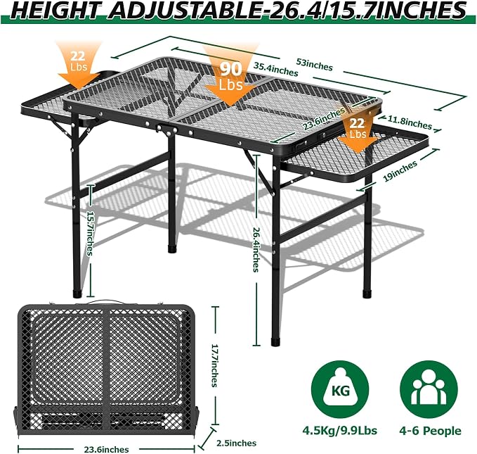 Folding Camping Table with 2 Extra Desktop, Height Adjustable Portable Grill Table, Metal Outdoor Grill Table for Outside, Camping Cooking Tables for Picnic, BBQ, 53.14 x 26.6 x 23.6 inches Large Size