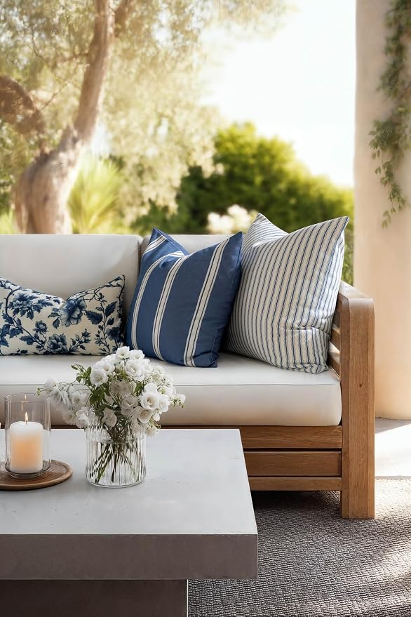 California Casual Coastal Indoor Outdoor Lumbar Pillow Cover, 12"x20" Water Repellent for Patio, Backyard, Couch, Poolside, Dark Navy Print Vintage Chinoiserie Floral