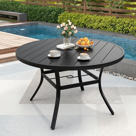 MELLCOM 47.4'' Round Outdoor Dining Table for 4-6, Metal Patio Dining Table with Umbrella Hole, All-Weather Black Table for Porch, Garden, Backyard, Poolside, Lawn