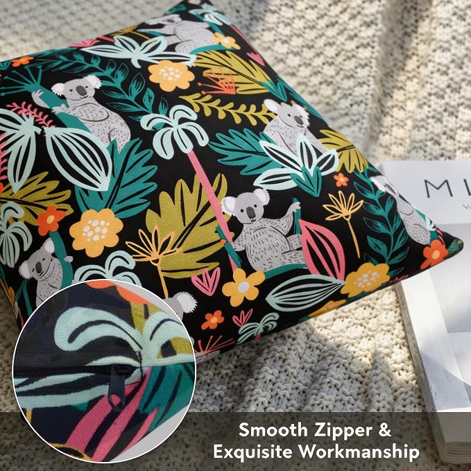 Outdoor Pillow Covers 18x18 Set of 2 Koala Tropic Print, Waterproof & UV Resistant Polyester for Patio, Couch, Porch, Spring & Summer Decor