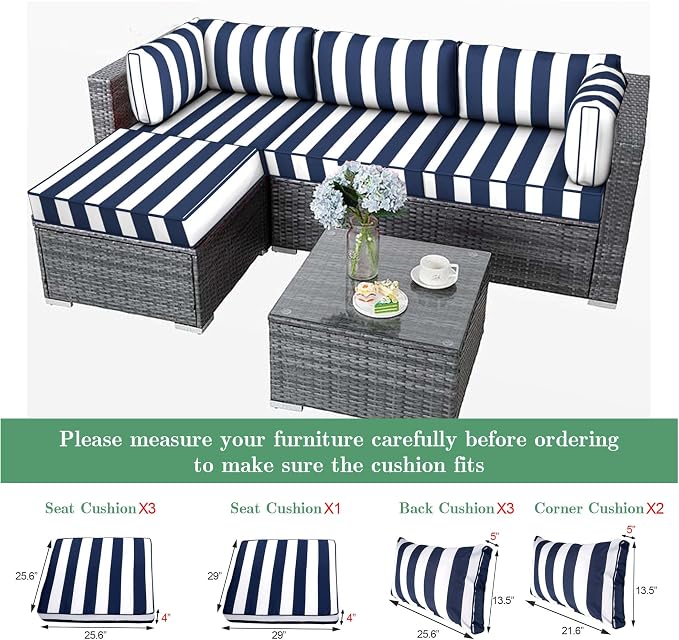9pc Waterproof Outdoor Couch Cushions for 4 Seat Patio Blue Stripe | Water-resistant, UV-resistant,9pc High-Density Foam Replacement Cushions for 4-Seat Outdoor Sectional Furniture