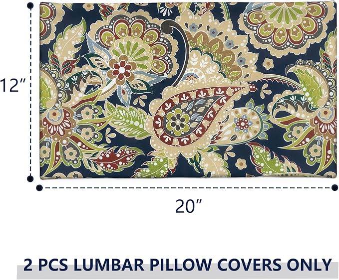 12x20 Inch Lumbae Pillow Covers, Rectangle Waterproof Throw Covers Set of 2, Decorative Patio Furniture Cushion Cases for Porch Garden, Paisley Sapphire Blue