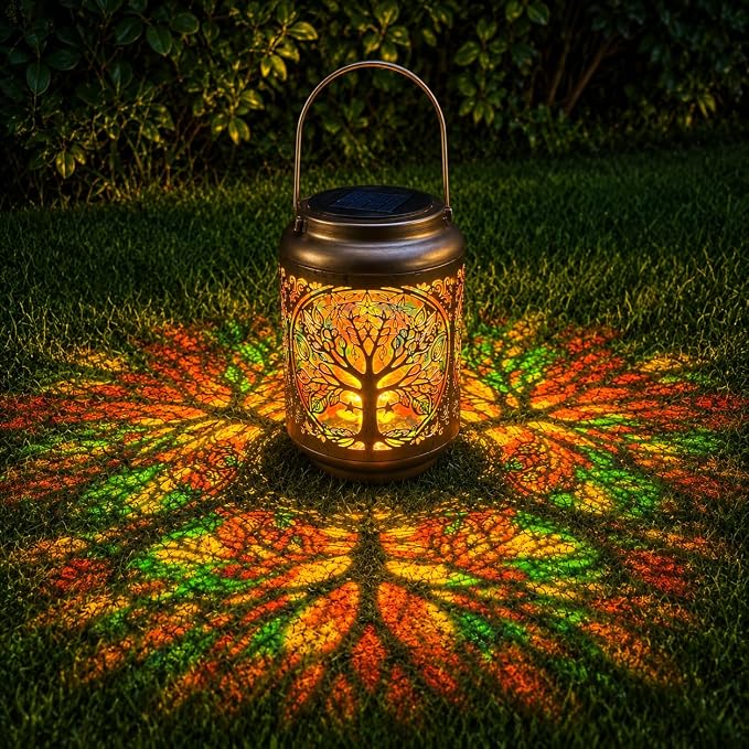 Tree of Life Solar Lantern Outdoor, Decorative Metal Solar Hanging Light with Colorful Light Pattern, Waterproof Garden Lantern for Patio, Yard, Porch, Balcony, Gifts for Women Mom Grandma
