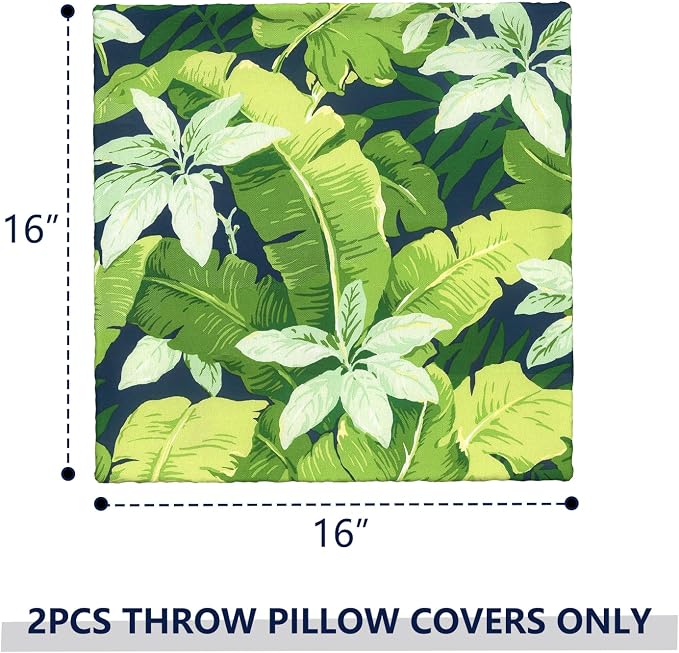 Outdoor Pillow Covers 16x16 Inch Set of 2 Waterproof Decorative Throw Pillow Covers Patio Pillow Cases for Patio Furniture Garden Couch Farmhouse,Jungle Leaves