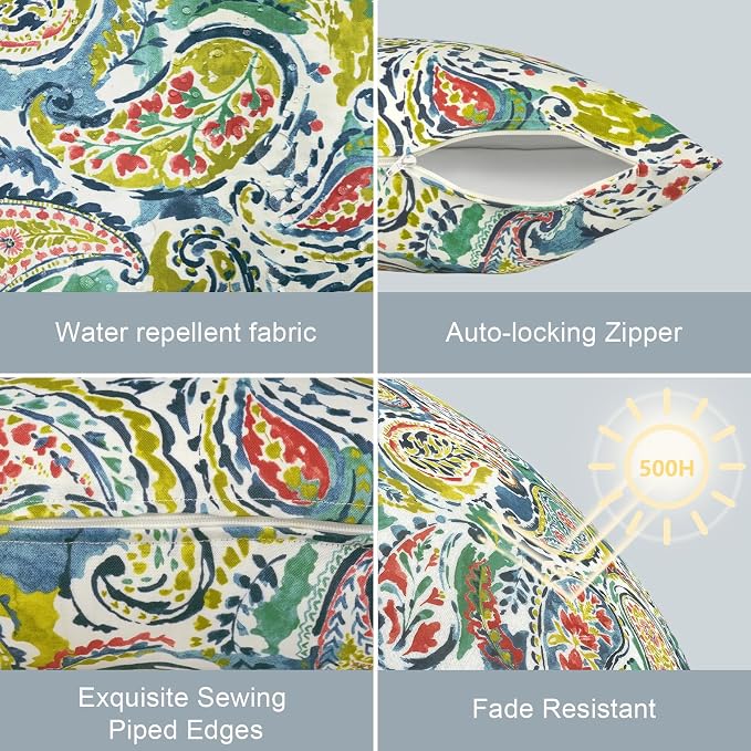 LVTXIII Set of 2 Patio Lumbar Pillow Covers ONLY, 12" x 20" Fade Resistant Outdoor Lumbar Pillow Cases, Fluffy Decorative Garden Lumbar Cushions Covers for Home Patio Coach Sofa Use, Paradise Paisley