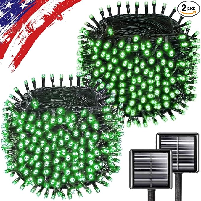 KAQ 2pack 500LED Solar String Lights Outdoor Waterproof Green | Total 180FT Flexible Wire With Bright LEDs, 8 Twinkle Modes with Memory, Auto On/Off Easily Decorates Trees, Fences, Garden