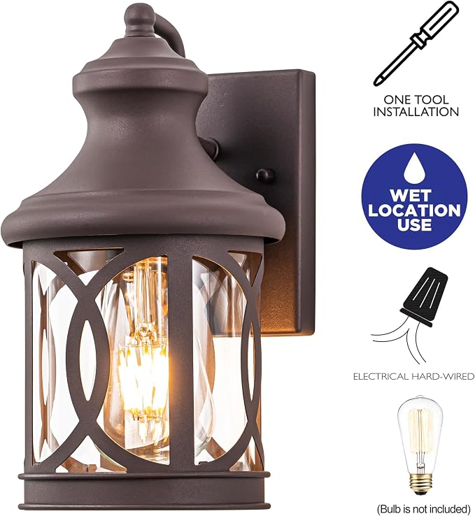 2-Pack Outdoor Wall Lights, Porch Lights, Waterproof Outdoor Wall Sconce, Exterior Light Fixture Bronze Finish with Clear Glass Shade for Garage Patio Front Door Balcony, 12in.