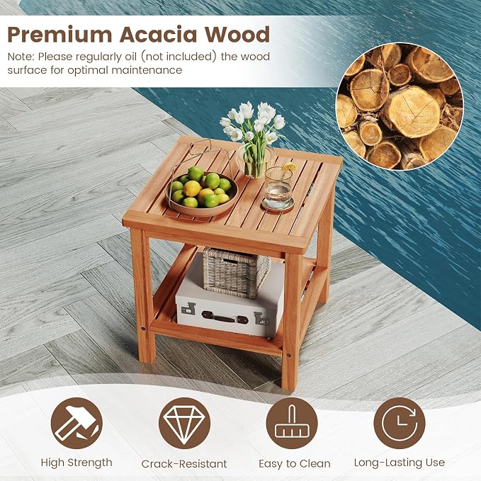 HAPPYGRILL Acacia Wood Outdoor Side Table, 2-Tier Indoor End Table with Spacious Tabletop and Slatted Storage Rack, Square Wood Table for Poolside, Living Room, Porch, Balcony and Garden (2)
