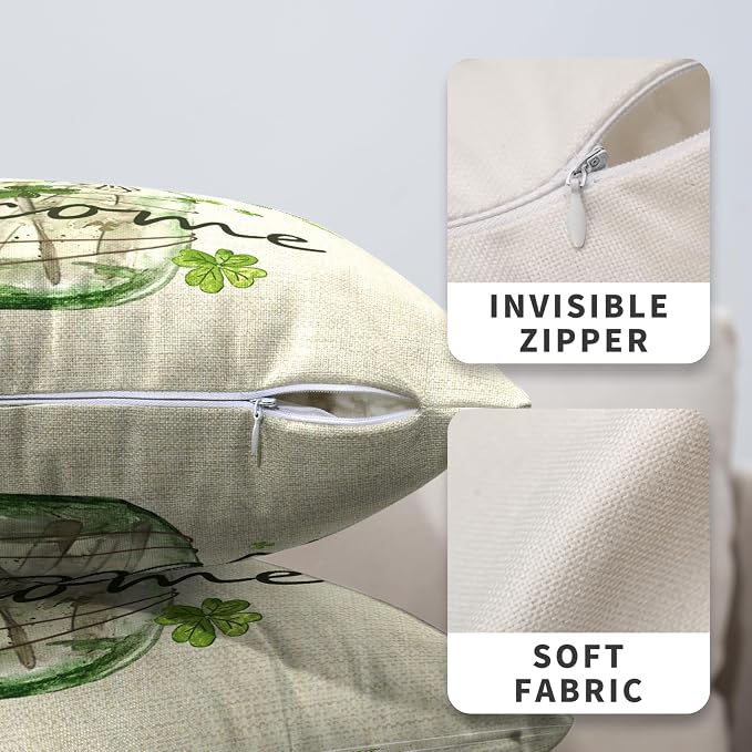 St Patricks Day Pillow Covers 22x22 Set of 2 Shamrock Pillow Case Clover Vase Decorative Pillow Covers Spring Cotton Linen Cushion Case for Living Room Outdoor Bedroom