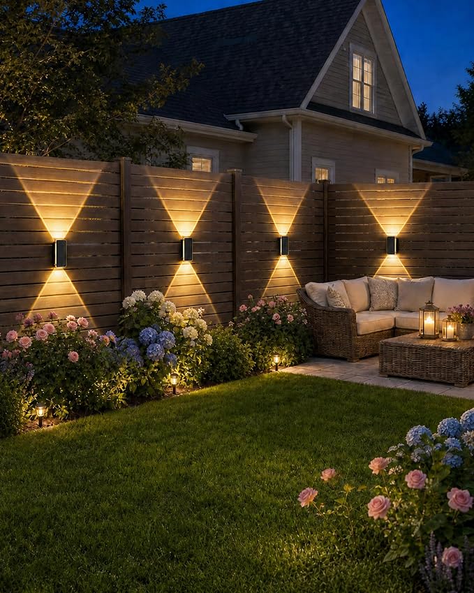 Solar Fence Lights Outdoor 12 Pack, 5CCT(3000K-6000K) Up and Down Solar Wall Lights, IP65 Waterproof Dusk to Dawn Wood Fence Lights Solar Powered for Patio, Porch, Backyard, Garage, Wall Decor