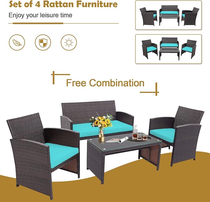 HAPPYGRILL Set of 4 Rattan Conversation Set Outdoor Wicker Furniture Set with Tempered Glass Coffee Table, Soft Cushions, Weather-Resistant Rattan Chair Set for Garden Backyard Poolside