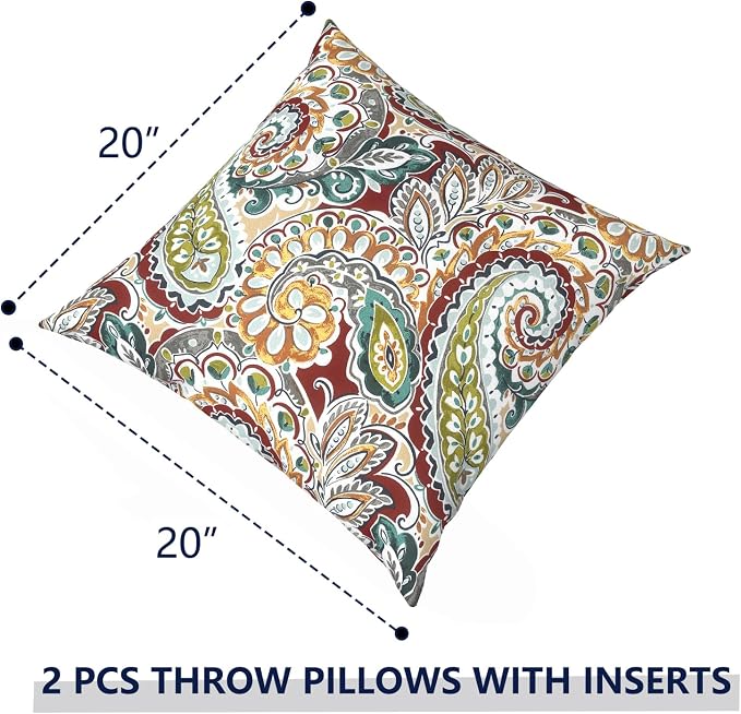 Outdoor Pillows with Insert 20x20 Inch, Waterproof Throw Pillow for Patio Furniture, Decorative Back Cushion for Garden Home Sofa Office Chair, Set of 2, Paisley Chilli