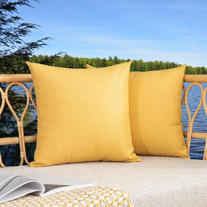 Kevin Textile Outdoor Waterproof 24”x24” Pillow Covers 2 Pack, Yellow | Water Resistant, Soft Faux Linen-cotton Yarn-dyed Woven Texture Throw Pillow Covers for Tent Patio Garden Couch Sofa
