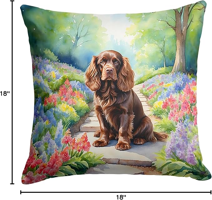 Caroline's Treasures Sussex Spaniel Spring Path Throw Pillow Machine Washable, Indoor Outdoor Decorative Pillow for Couch, Bed or Patio, 18Hx18W