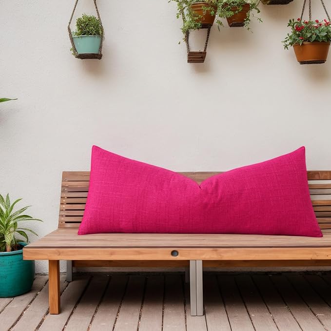 Kevin Textile Outdoor Waterproof 14”x36” Pillow Cover 1 Pack, Hot Pink | Water Resistant, Soft Faux Linen-cotton Yarn-dyed Woven Texture Throw Pillow Covers for Tent Patio Garden Couch Sofa