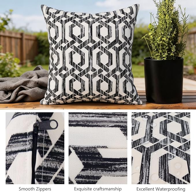 Outdoor Pillow Covers 18x18 Set of 2 Black White Geo Print, Waterproof & UV Resistant Polyester for Patio, Couch, Porch, Modern Farmhouse Decor