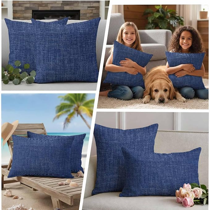 Outdoor Waterproof Throw Pillow Covers Set of 2 Navy Blue Linen Pillowcases 26x26 Inches Farmhouse Pure Color Decorative Pillows Cushion Case Patio Pillows for Couch Bed Chair Garden
