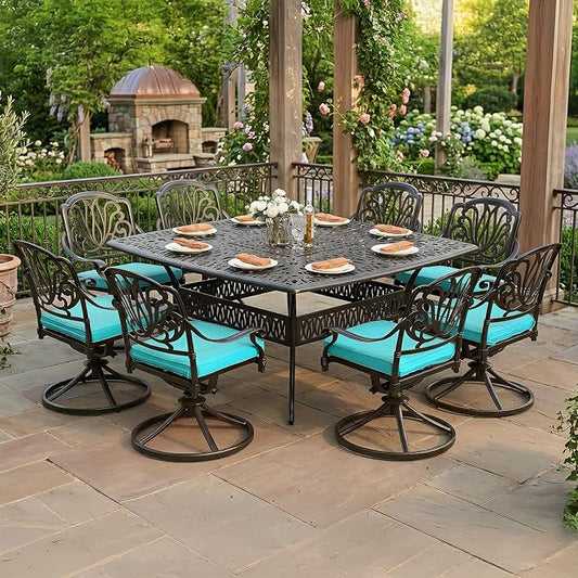 VIVIJASON 9-Piece Outdoor Furniture Dining Set for 8, All-Weather Cast Aluminum Patio Table and Chairs Set with 8 Swivel Rocker Chairs, 64" Large Square Dining Table with Umbrella Hole, Ocean Blue