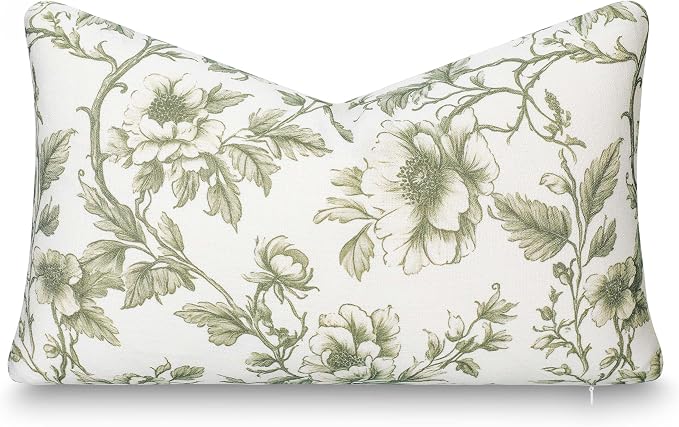Modern Farmhouse California Casual Indoor Outdoor Lumbar Pillow Cover, 12"x20" Water Repellent for Patio, Backyard, Couch, Poolside, Oliver Green Print Vintage Chinoiserie Floral