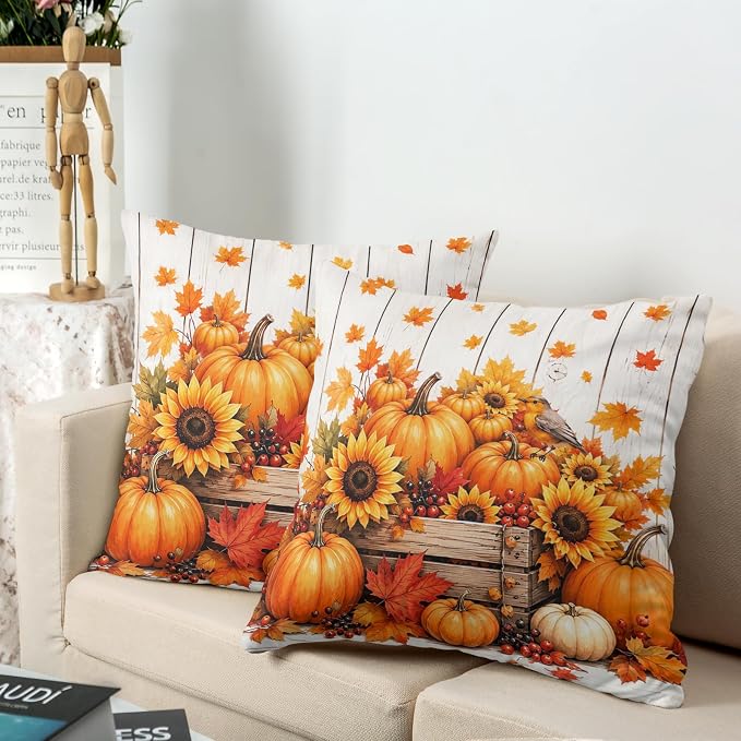 Pumpkin Pillow Covers Autumn Maple Leaf Throw Pillow Covers 20x20 Set of 2 Fall Pillow Cases Thanksgiving Berry Sunflowers Cushion Cases for Home Bedroom Living Room Patio