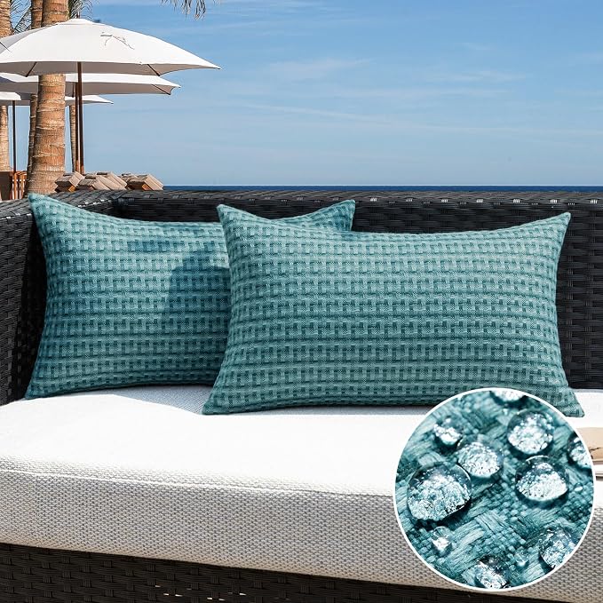 Kevin Textile Outdoor Waterproof 14"x24" Pillow Covers 2 Pack, Teal | Water Resistant Weaving Faux Linen Texture Throw Pillow Covers, Outside Decorative Pillowcases for Garden Patio Balcony Couch