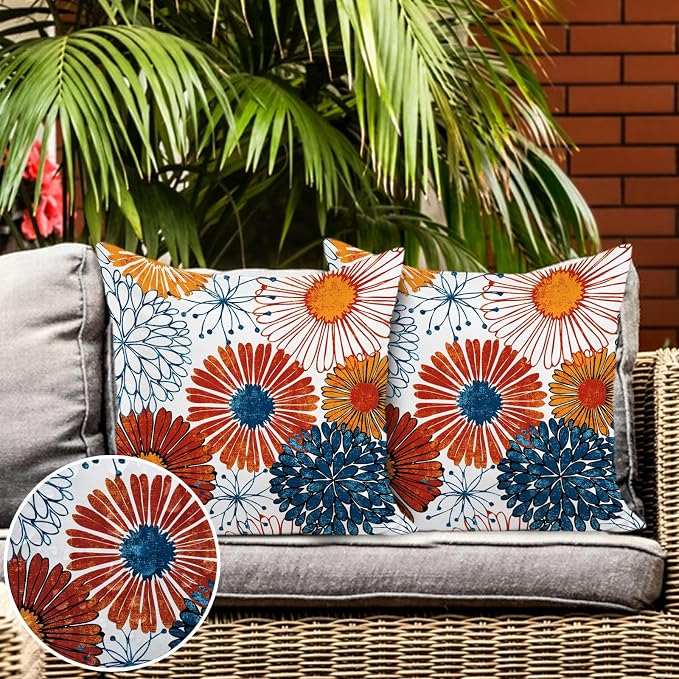 Navy Blue Dahlia Flower Outdoor Waterproof Throw Pillow Covers Set of 2 Abstract Floral Printed Outdoor Pillow Covers for Patio Furniture, Porch, Garden 18x18 Inch