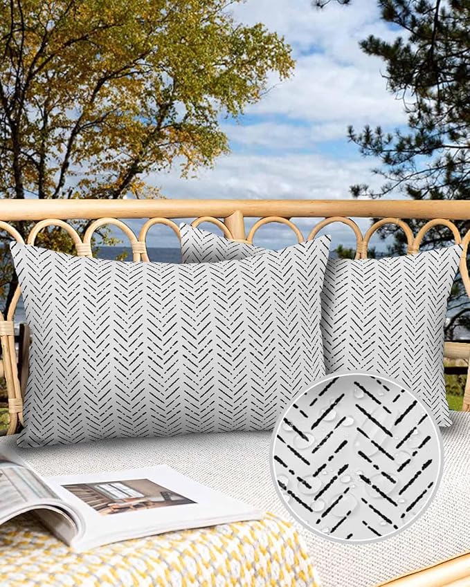 Black White Striped Outdoor Pillow Covers Waterproof,All Weather Cushion Case Set of 2 Lumbar Pillowcase for Sofa Couch Bed Decor Patio Furniture 20"x12" Contemporary Minimalist Geometric