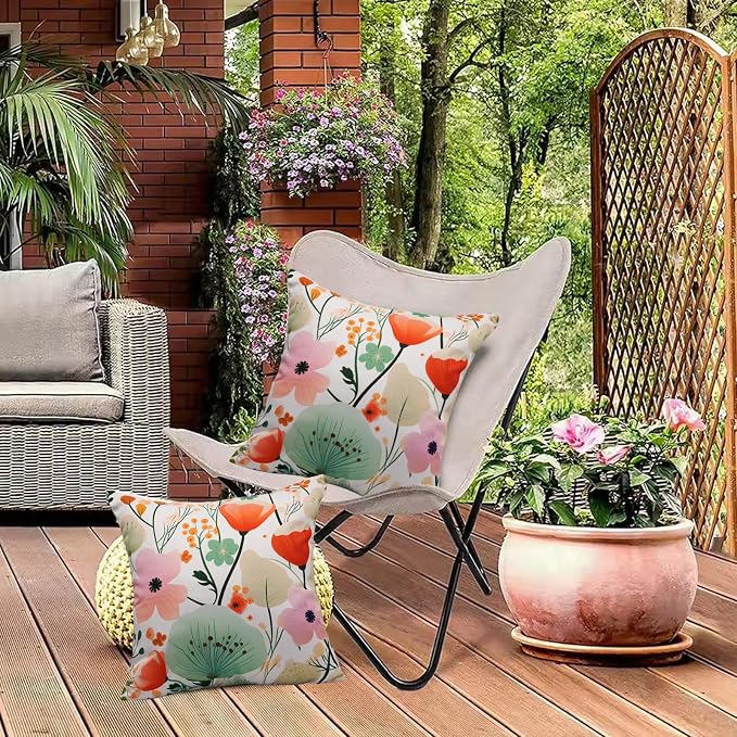 Floral Outdoor Throw Pillow Covers 18x18 Waterproof Colorful Summer Spring Garden Decorative Square Patio Pillows Outdoor Pillows Covers for Patio Furniture Set of 2 (No Pillow Insert)