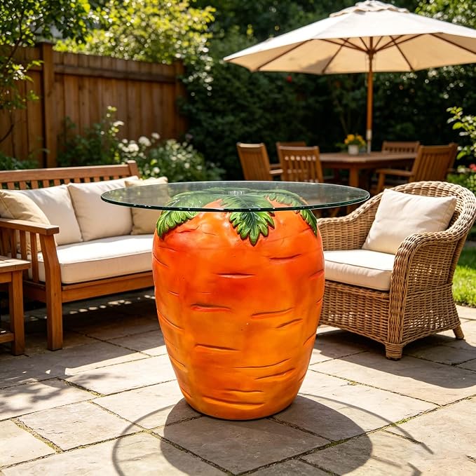 16" Carrot-Shaped Resin Side Table w/ Glass Top,Novelty Fruit Stool,Orange | Round End Table for Living Room Bedroom Patio, Weather-Resistant & Easy Clean, Fun Home Decor Accent