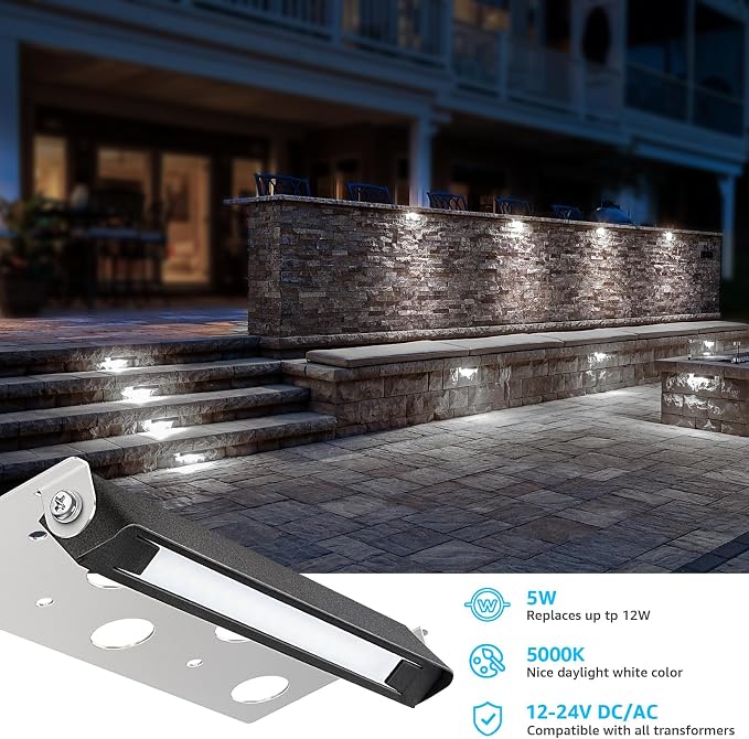 SUNVIE 7 Inch 5W LED Hardscape Lighting 5000K Daylight Retaining Wall Lights 12-24V AC/DC Waterproof Outdoor Landscape Lighting Low Voltage Step Lights with Connectors Hardscape Paver Light, 12 Pack