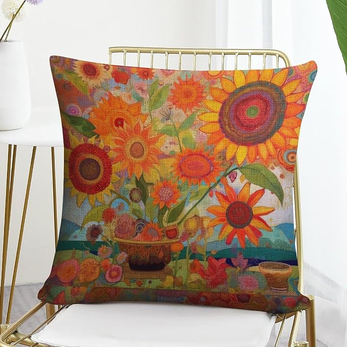Zippered Pillow Cover Beautiful Flower Pattern Pillow Case Colorful Painting of Sunflowers Large Couch Pillows Pillows for Couch Sofa Patio Furniture Home Decor 20"x20" Cutton Linen Cushion Cases