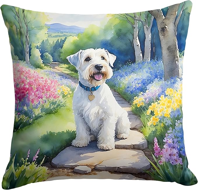 Caroline's Treasures Sealyham Terrier Spring Path Throw Pillow Machine Washable, Indoor Outdoor Decorative Pillow for Couch, Bed or Patio, 18Hx18W