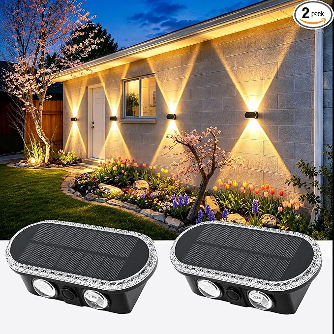 Solar Fence Lights Outdoor, IP65 Waterproof Wall Lighting with Dual Focused Brighter LED Up Down - 3000K/4000K/6000K Dusk to Dawn 12h for Backyard/Patio/Porch/Wall Decor（2 Pack）
