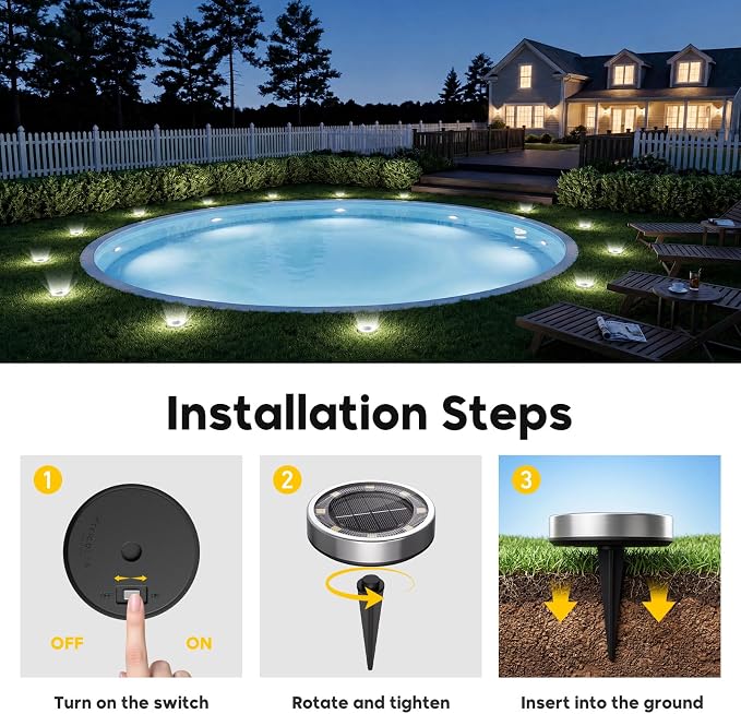 6 Pack Solar Lights Outdoor Waterproof, 8 LED Solar Ground Lights | Flat Solar Disc Light Landscape Lighting for Pathway Garden Yard Walkway Driveway Lawn, Cool White