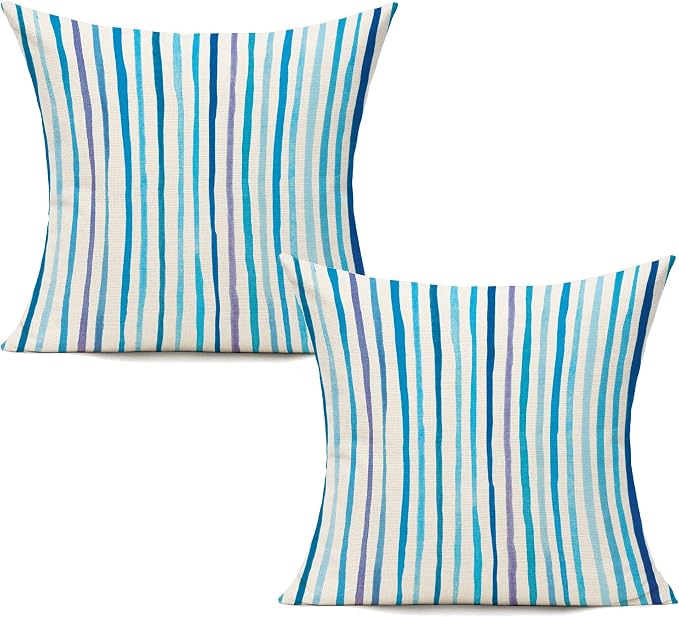 All Smiles Outdoor Blue Throw Pillow Covers for Patio Bench Garden Porch Sunbrella Furnitures Sage Lines Stripes Cushion Cases Decorative 22x22 Set of 2 for Sofa Couch