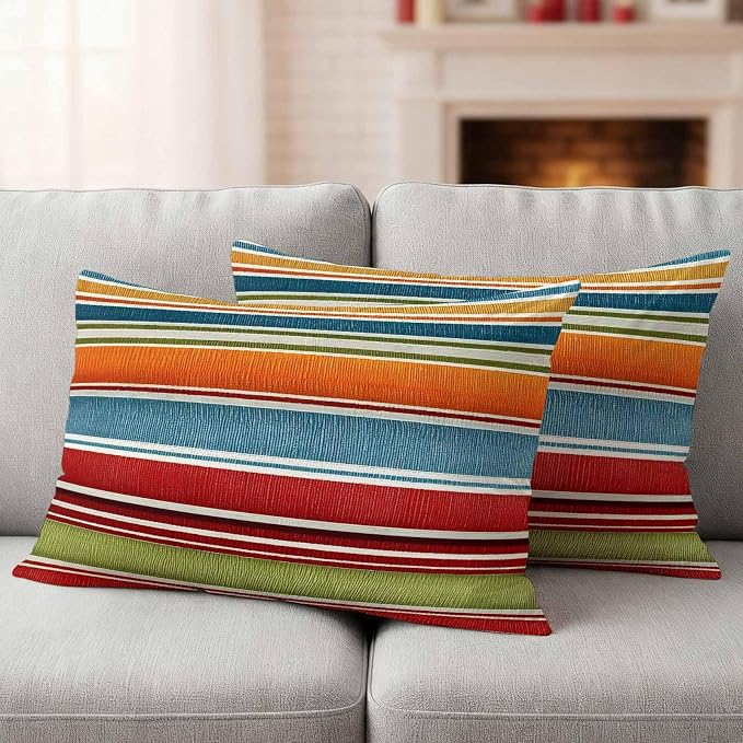 Yukro Color Striped Outdoor Waterproof Pillow Covers Pack of 2, Orange Blue Red Green Stripes Abstract Modern Throw Pillowcases Decorative Cushion Covers for Garden Patio Tent Sofa Couch, 20x12 inch