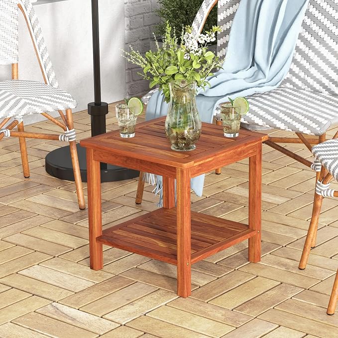 HAPPYGRILL Wood Outdoor Side Table Set of 2, Patio Square End Table, Sturdy Acacia Wood Coffee Table for Porch, Poolside, Backyard, Garden, Balcony, Living Room