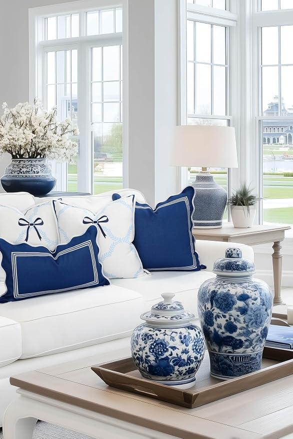 Hofdeco Premium Coastal Hampton Patio Indoor Outdoor Throw Pillow Cover Only, 20"x20" Water Repellent for Backyard, Couch, Poolside, Baby Blue Navy Embroidered Ribbon Bow Tie on Leaves