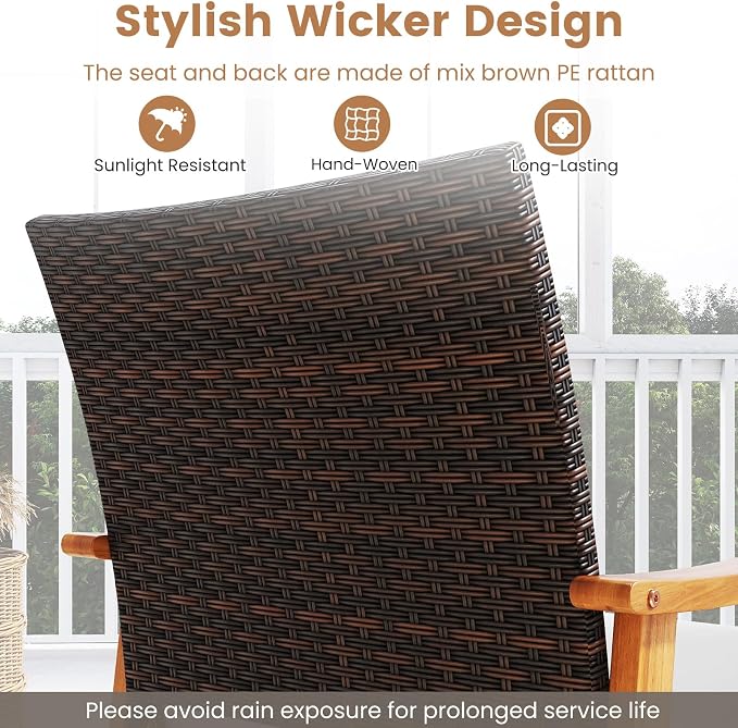 HAPPYGRILL 3 Piece Patio Furniture Set Acacia Wood Chair & Side Table Set with Rattan Seat & Back, Outdoor Wicker Bistro Conversation Set for Balcony, Porch, Backyard