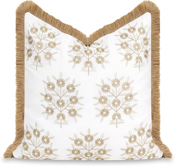 Hofdeco Premium Coastal Patio Indoor Outdoor Throw Pillow Cover Only, 20"x20" Water Repellent for Backyard, Couch, Neutral Tan Embroidered Floral with Fringe