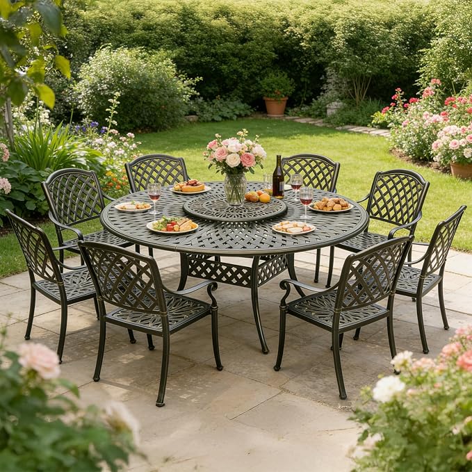 MEETWARM Outdoor 61" Large Patio Round Dining Table for 6-8 Person, All Weather Cast Aluminum Patio Dining Table with 24" Lazy Susan Turntable, Umbrella Hole for Balcony, Porch and Deck