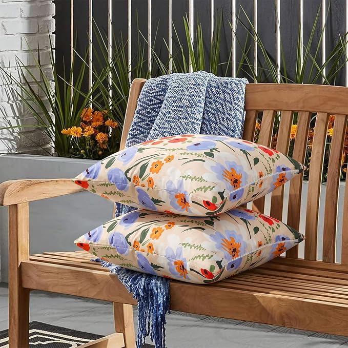 Merrycolor Waterproof Floral Pillow Covers 18x18 Inch Set of 2 Summer Accent Cushions Outdoor Decorative Square Couch Cushion Cases for Patio Garden Beach Sofa