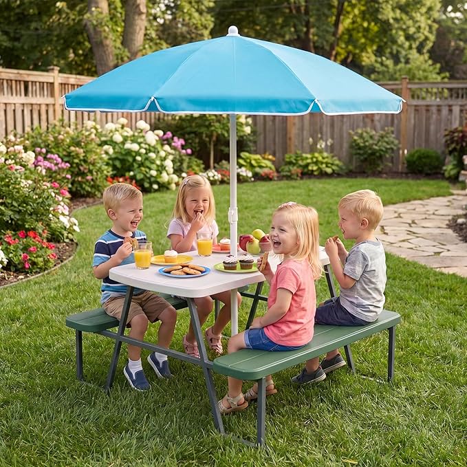 HONEY JOY Kids Picnic Table, 4 Person Toddler Outdoor Table and Chair Set, Built-in Benches, Removable Umbrella, Metal Frame & HDPE Top, Children Outdoor Furniture for Backyard Patio Garden (Green)