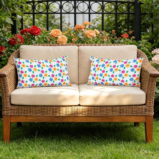 Eternal Beauty 20" x 12" Set of 2 Outdoor Pillow Covers Decorative Pillow Covers for Fall Couch Pillows (Yellow-Blue Flower, 20" x 12" (Pack of 2))