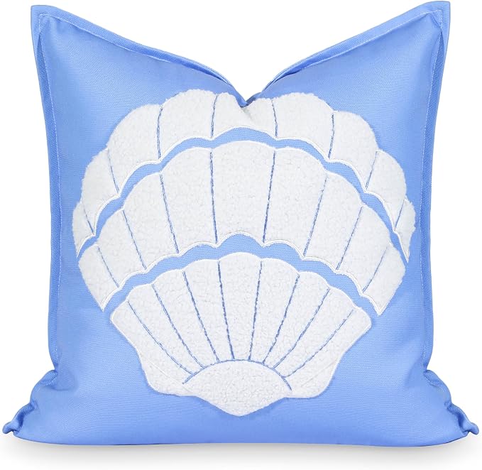 Hofdeco Premium Coastal Patio Indoor Outdoor Pillow Cover Only, 20"x20" Water Repellent for Backyard, Couch, Cornflower Blue Embroidered Shell