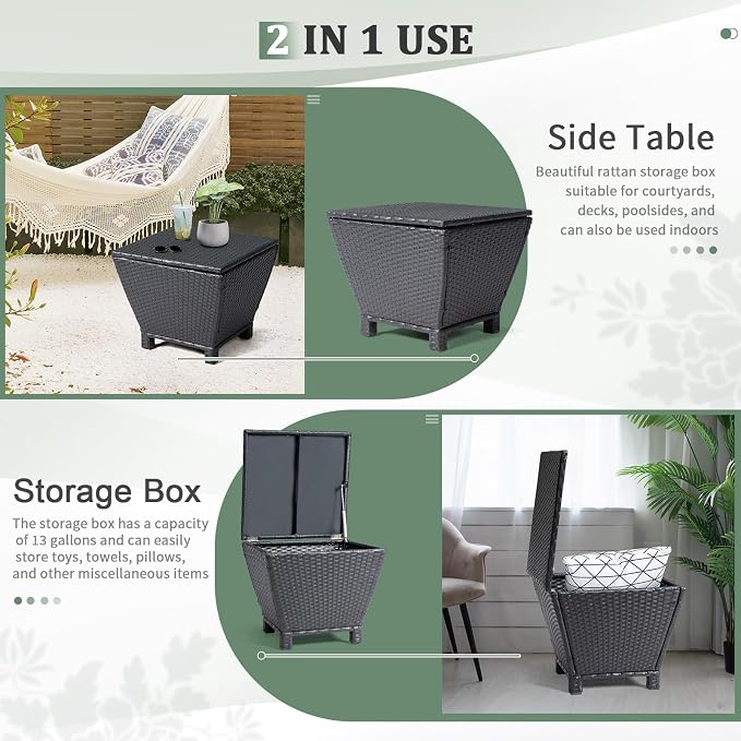 VINGLI Outdoor Side Table with Storage, 13-Gallon Patio Deck Box Outdoor Wicker Side Table for Poolside Balcony Storage Table (Black, Trapezoid)