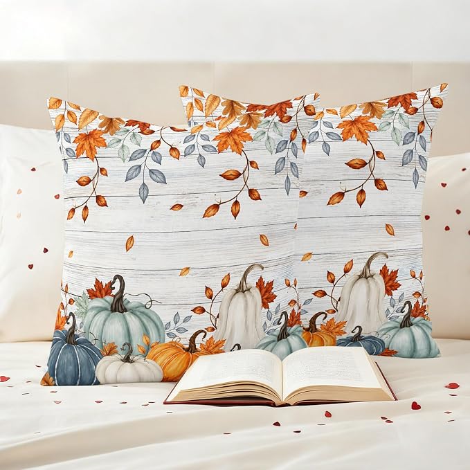 Fall Waterproof Outdoor Pillow Covers 24''x24'' Set of 2, Thanksgiving Maple Leaf Branch Vintage Wooden Patio Cushion Covers for Chairs,Decorative Blue Green Pumpkin Pillow Cases for Garden/Pool/Beach