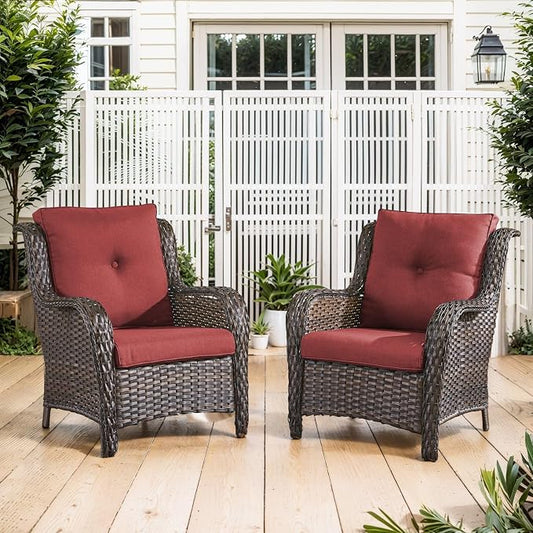 Belord High Back Patio Chairs Set of 2 - Brown Wicker Outdoor Seating, 4" Wide Armrests Rattan Outdoor Club Chairs with Red Removable Cushion for Deck Porch Backyard