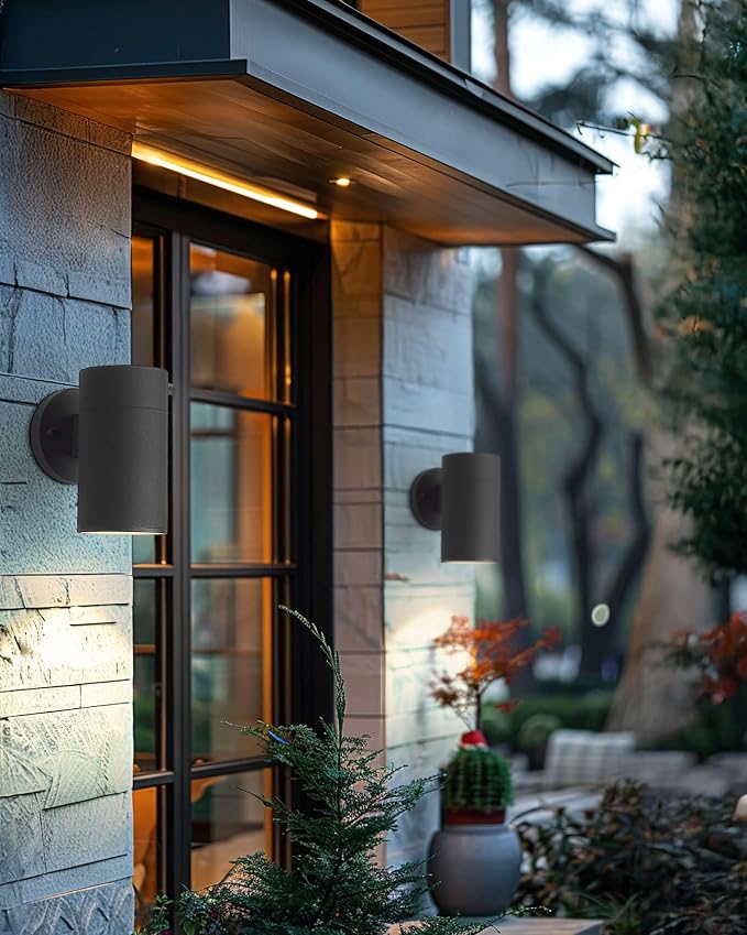 Ken & Ricky Modern Aluminum Outdoor Wall Sconce Lights,Cylinder，Black,4 PK | Downward Outside Wall Light With Glass Cover,No Glare Exterior Lighting Fixtures,For House Front Porch Garage Patio Entryway