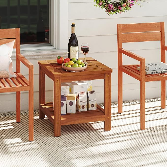 HAPPYGRILL 2-Tier Outdoor Wood Side Table with Storage Shelf, Patio Wooden End Table, Farmhouse Accent Nightstand, for Garden Yard Porch Deck Living Room (2)